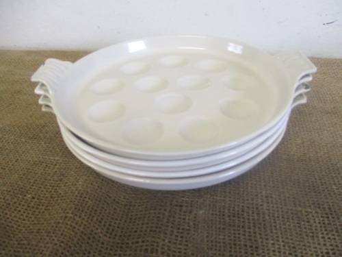 Four Rare And Beautiful Vintage Le Creuset Enameld Cast Iron 12 Hole Snail/Mussel Plates   France