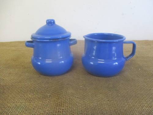 Bid For Bonjourparis Only - Beautiful And Cute Old Fashioned Blue Enamel Sugar & Milk Bowls
