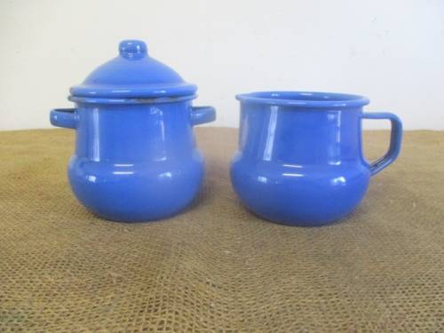 Bid For Bonjourparis Only - Beautiful And Cute Old Fashioned Blue Enamel Sugar & Milk Bowls