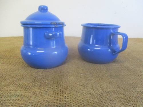 Bid For Bonjourparis Only - Beautiful And Cute Old Fashioned Blue Enamel Sugar & Milk Bowls