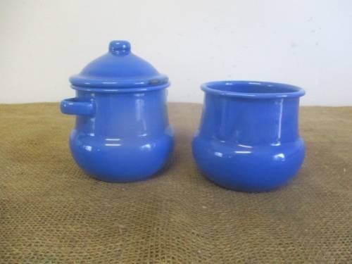 Bid For Bonjourparis Only - Beautiful And Cute Old Fashioned Blue Enamel Sugar & Milk Bowls