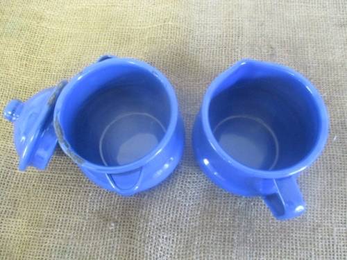 Bid For Bonjourparis Only - Beautiful And Cute Old Fashioned Blue Enamel Sugar & Milk Bowls