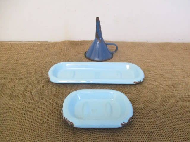 For Analda`s Bid Only - Two Vintage Old School Enamel Soap Dishes And Enamel Funnel