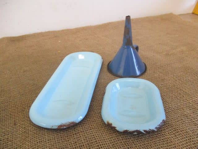 For Analda`s Bid Only - Two Vintage Old School Enamel Soap Dishes And Enamel Funnel