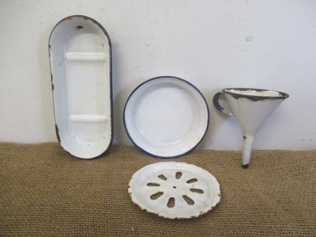 For Analda`s Bid Only - Two Vintage Old School Enamel Soap Dishes And Enamel Funnel