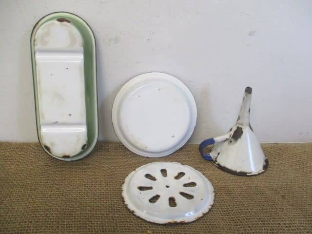 For Analda`s Bid Only - Two Vintage Old School Enamel Soap Dishes And Enamel Funnel