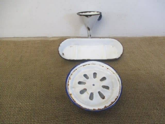 For Analda`s Bid Only - Two Vintage Old School Enamel Soap Dishes And Enamel Funnel
