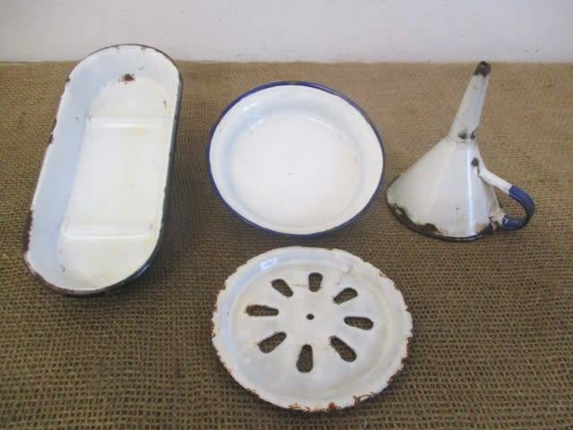 For Analda`s Bid Only - Two Vintage Old School Enamel Soap Dishes And Enamel Funnel