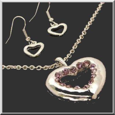 Rounded Mauve Austrian Crystal Heart Necklace Set