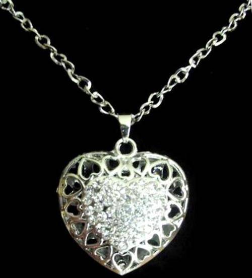 Crystal Filigree Heart Pendant and Extra Long Silvertone Chain