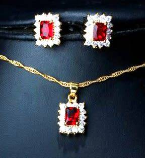 Red & White Cubic Zirconia Goldtone Necklace & Earrings Jewelry Set