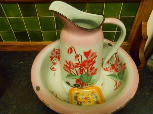 Vintage Enamel Water basin and Jug