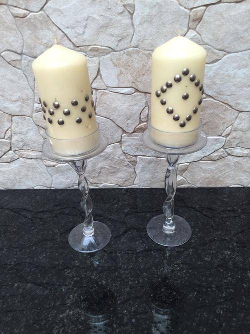 A set of glass candlesticks plus Candles