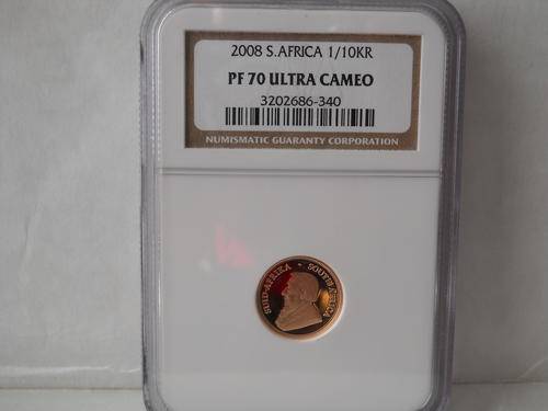 KRUGER RAND 2008 PF70 ULTRA CAMEO . PROOF 1/10 22CT GOLD
