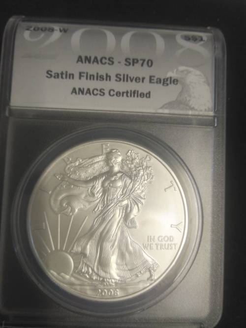 SATIN FINISH 1 OZ .999 PURE SILVER EAGLE 2008 SP70