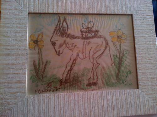 An A3 Claerhout ORIGINAL and authenticated donkey in pastels and charcoal and well framed this is ol