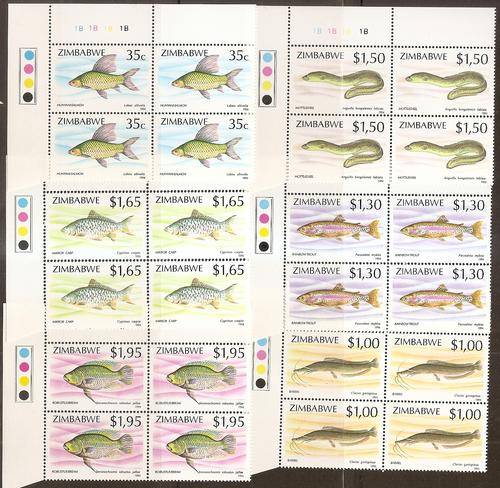 ZIMBABWE - SG864/869 - 1994 FISHES COMPLETE SET OF 6 CONTROL BLOCKS of STAMPS U/MINT