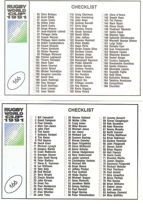 1991 RUGBY WORLD CUP(REGINA) - CHECKLIST CARD 166