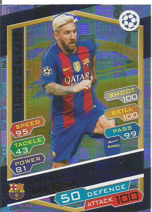 LIONEL MESSI - TOPPS CHAMPIONS LEAGUE 2016/17 - RARE `CLUB 100` FOIL TRADING CARD