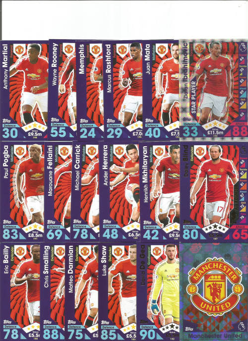 MANCHESTER UNITED FC - MATCH ATTAX 2017 - COMPLETE 32 TRADING CARD SET - Incl. FOILS