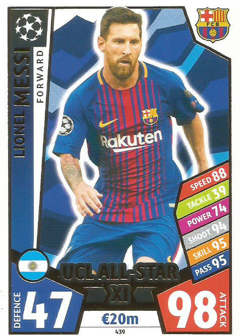 LIONEL MESSI - TOPPS `CHAMPIONS LEAGUE 2017/18` -  `UCL ALL STAR XI` FOIL TRADING CARD 439