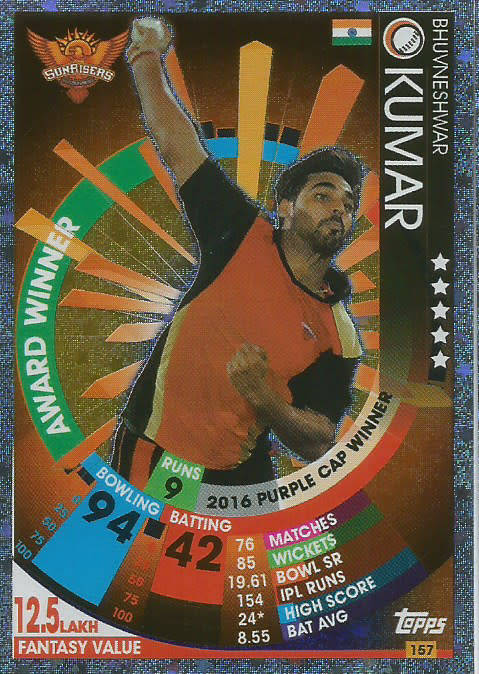 BHUVNESHWAR KUMAR - IPL CRICKET ATTAX 2017/18 - SILVER "AWARD WINNER" TRADING CARD 157
