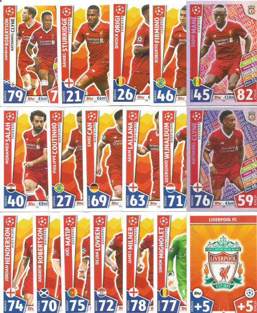 LIVERPOOL FC - CHAMPIONS LEAGUE 2017/18 - COMPLETE 18 TEAM TRADING CARD SET