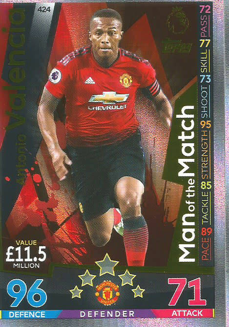 ANTONIO VALENCIA - MATCH ATTAX 2018/2019 - GOLD "MAN of the MATCH" TRADING CARD 424