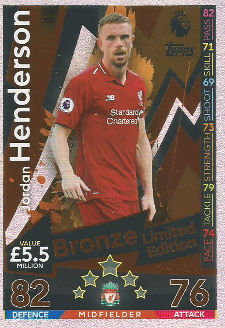 JORDAN HENDERSON - MATCH ATTAX 2018/2019 - BRONZE "LIMITED EDITION" TRADING CARD LE1B