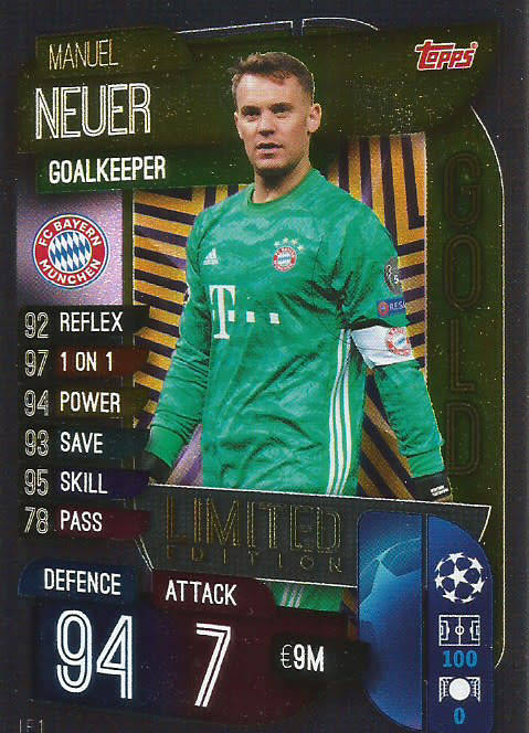 MANUEL NEUER - CHAMPIONS LEAGUE 2019/20 -  GOLD FOIL "LIMITED EDITION" TRADING CARD