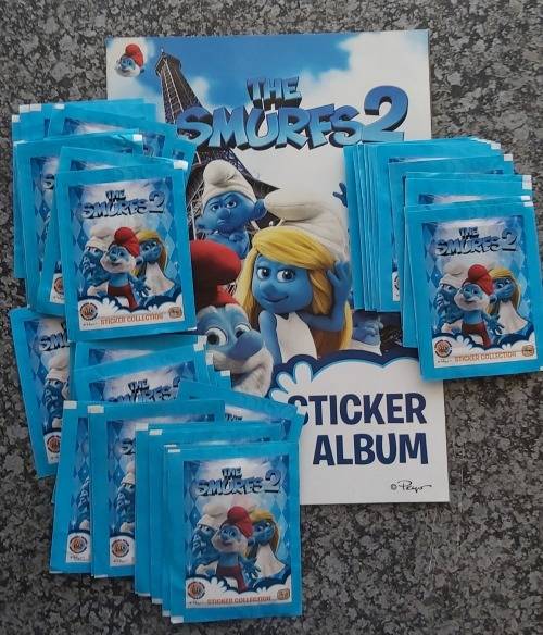 SMURFS - PANINI "SMURFS 2" STICKER COLLECTION - RARE LOT of 40 SACHETS plus COLLECTORS ALBUM