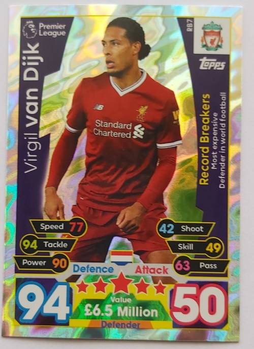 VIRGIL VAN DIJK - TOPPS MATCH ATTAX `EXTRA` 2016 - FOIL `RECORD BREAKER` TRADING CARD RB7