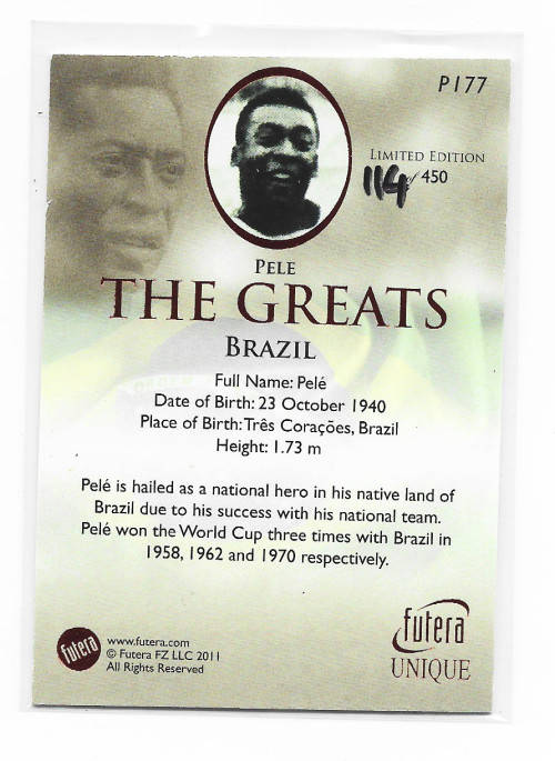 PELE - FUTERA `WORLD FOOTBALL THE GREATS` 2011 - RARE `RUBY RED` FOIL TRADING CARD P177 of 450