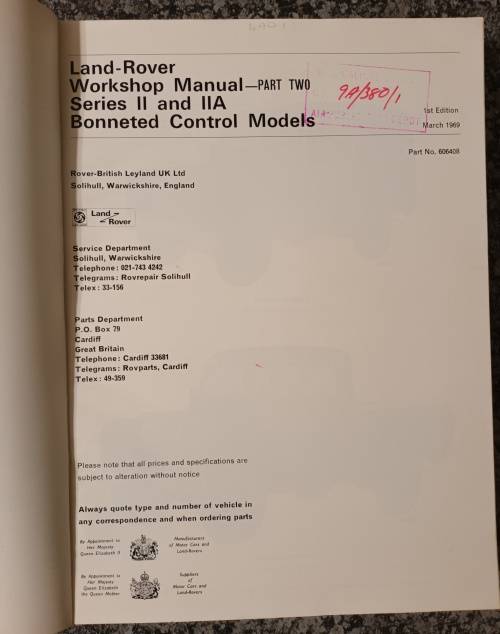 LAND ROVER 88 and 109 1969 WORKSHOP MANUAL Part 2 - In Fair Condition