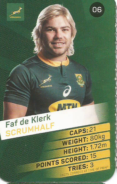 FAF DE KLERK -  2019 Pick n Pay Rugby World Cup  COLLECTION CARD 6