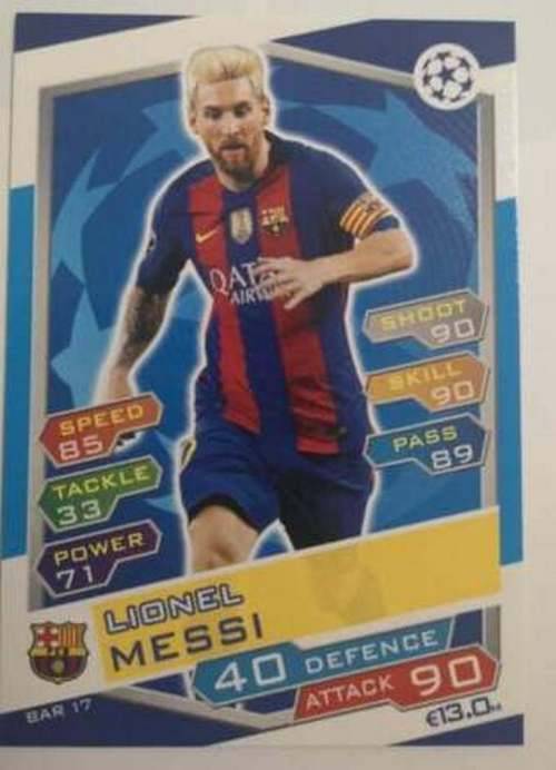 LIONEL MESSI - TOPPS `CHAMPIONS LEAGUE` 2016/17 - `BASE` TRADING CARD BAR17