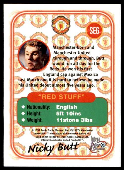 NICKY BUTT - MAN. UNITED `Futera Fans Selection 1997`  - `EMBOSSED` TRADING CARD SE6