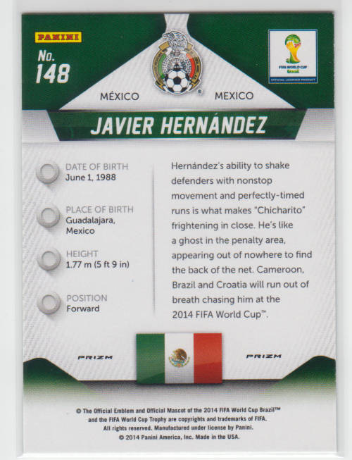 JAVIER HERNANDEZ - PANINI PRIZM `FIFA WORLD CUP 2014` - `PRIZM PARALLEL` BASE TRADING CARD 148