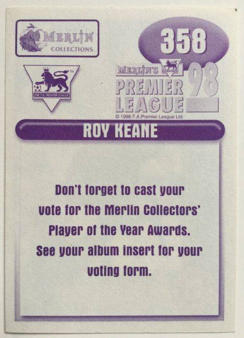 ROY KEANE - MERLIN Premier League Sticker collection 1998 - RARE `STICKER` 358