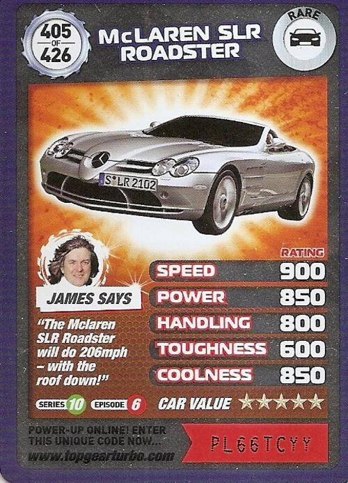 TOP GEAR TURBO CHALLENGE "EXTRA" - McLAREN SLR ROADSTER "RARE" CARD 405
