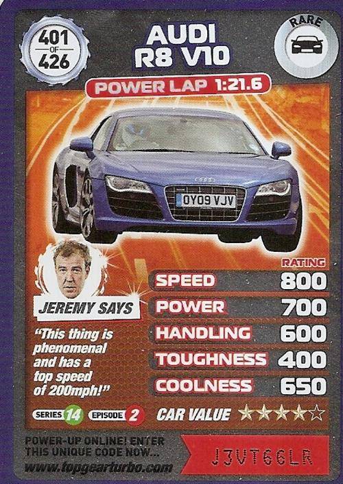 TOP GEAR TURBO CHALLENGE "EXTRA" - AUDI R8 V10 "RARE" CARD 401