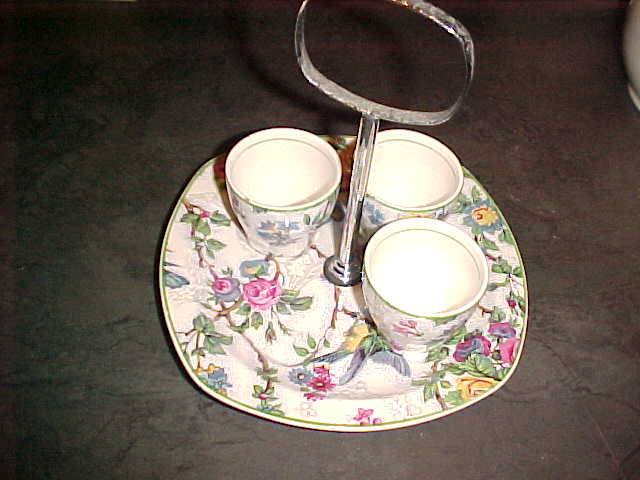 Staffordshire England egg cups and plate with handle