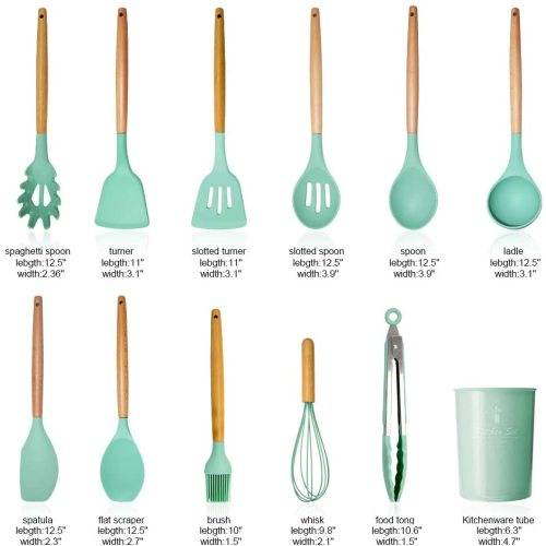 Hestia 12 Piece Silicone and Wood Kitchen Utensil Set - Mint
