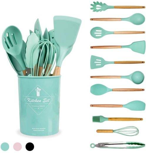 Hestia 12 Piece Silicone and Wood Kitchen Utensil Set - Mint