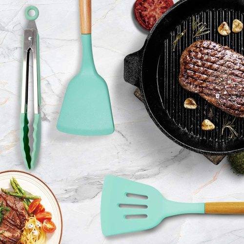 Hestia 12 Piece Silicone and Wood Kitchen Utensil Set - Mint