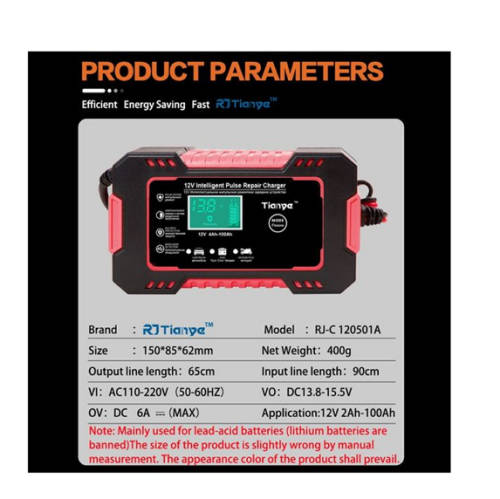 100mAh Battery Charger 12V 6A Intelligent Repair Charger