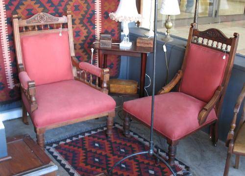 Victorian pair of walnut grandmother and grandfather chairs