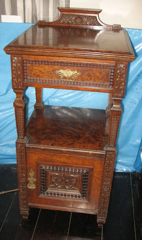 Beautiful antique burr walnut bedside cabinet carved detail
