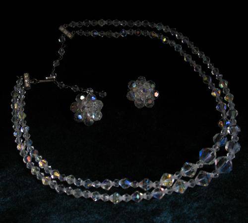 Vintage aurora borealis double strand graduated crystal bead necklace & earrings from the 1950's