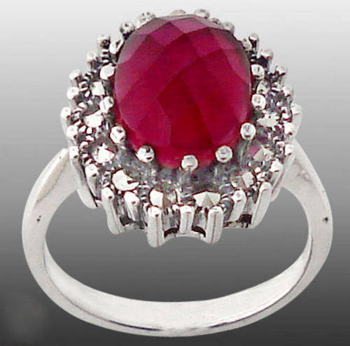 STUNNING PINK RUBY & MARCASITE RING in SOLID 925 STERLING SILVER. SIZE 8